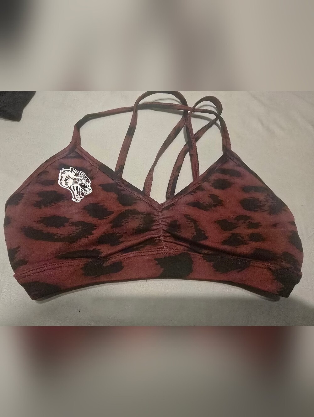 Strappy Leopard Print Sports Bra in Burgundy and Black